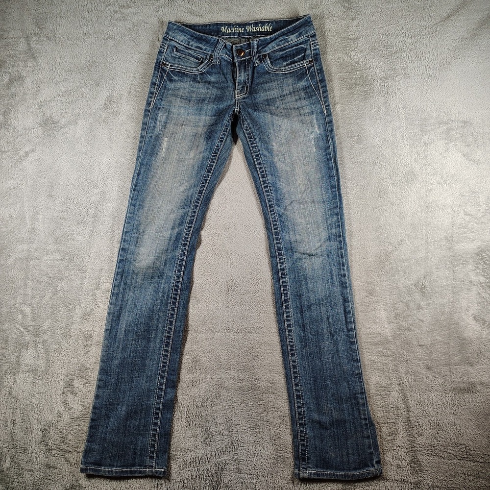 Women's MW Jeans Sz 28 Embroidered Pockets Rhinestone Contrast Stitching Stretch